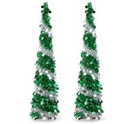 Warmiehomy 5ft/150cm Artificial Collapsible Pop up Christmas Tree | Glittering Pencil Christmas Trees with Sequin, Christmas Decorations Tinsel Tree for Home, Store, Office, Green&Silver, 2pcs