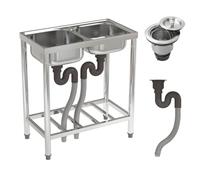 Warmiehomy 71x39x80cm Stainless Steel Restaurant Kitchen Sink with Drain & Storage Shelf, Double Bowl Catering Sink Free Standing Outdoor with Tap Hole, No Tap