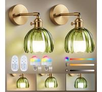 Warmiehomy Battery Operated Wall Lights Set of 2, Rechargeable Wireless Wall Sconces with Remote & Bulb, 12 RGB Colors & 3 Color Temperature, Dimmable Cordless Wall Lamp for Indoor, Green Tulip