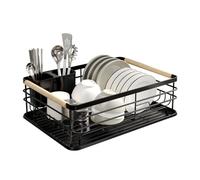 Warmiehomy Black Dish Drainer Rack Metal Draining Board Rack Dish Rack with Removable Drip Tray, Sink Drainer Rack for Kitchen with Removable Cutlery Holder Wooden Handles, Black