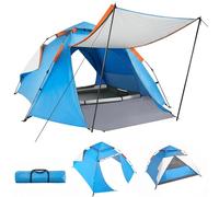Warmiehomy Camping Tent, Three Layers Instant Pop Up Tent with Extendable Porch Floor Mat, Upgraded Water Resistant 3 Man Tent, Lightweight Family Tents with Detachable Rain Fly 2 Hall Poles, Blue
