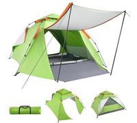 Warmiehomy Camping Tent, Three Layers Instant Pop Up Tent with Extendable Porch Floor Mat, Upgraded Water Resistant 3 Man Tent, Lightweight Family Tents with Detachable Rain Fly 2 Hall Poles, Green