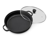 Warmiehomy Cast Iron Griddle Pan with Glass Lid,28cm Non-Stick Grill Pan,Round BBQ Skillet with 2 Handles for Gas Induction Hob,Flat Surface