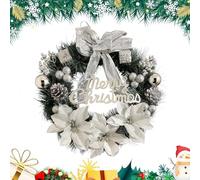 Warmiehomy Christmas Wreath 30cm Artificial Front Door Wreath Hanging Garland with Flowers and Bowknot, Christmas New Year Decoration Gift, Silver