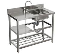 Warmiehomy Commercial Restaurant Sink 3 Tier Free Standing Sinks with Storage Shelf Stainless Steel Single Bowl Kitchen Sink Unit Outdoor Camping Washbasin with Drainer Kit, 100x50x89.5cm