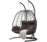 Warmiehomy Double Hanging Egg Chair Foldable 2 Seater Garden Egg Chairs with Stand Indoor Outdoor Swing Chair with Cushion Rattan Hammock Chair With Frame for Patio, Balcony, Living Room, U-Base