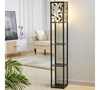 Warmiehomy Floor Lamp with Shelves, Modern Floor Lamp with 3 Tier Storage Shelves & Fabric Shade, 63in Tall Standing Lamp, Carved Wood Corner Floor Lamps for Living Room,Bedrooms,Office Decor(Black)