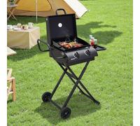 Warmiehomy Foldable Gas BBQ, 2 Burner Portable Gas BBQ Grill with Trolley, Folding Legs & Wheels, Side Table & Oil Drip Tray, Lid Thermometer Barbecue Stove for Camping Garden