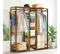 Warmiehomy Heavy Duty Clothing Rail with Shelves Clothes Hanging Rail Tea | Bamboo Clothes Rail with Hanging Rods & 4 Storage Shelves, Freestanding Garment Rack, Heavy Duty Open Wardrobe for Bedroom