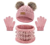 Warmiehomy Kids Hat Scarf and Gloves Set 3 in 1,Girls 3Pcs Winter Beanie Pompom Hat Fleece Lining Scarf Knitted Gloves Winter Accessories Sets for Aged 2-8 Children Outdoor Activities (Pink)
