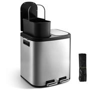Warmiehomy Kitchen Bin Double Rubbish Bin with Inner Buckets 2 x 15L Recycling Bins Dual Compartment with Lid Soft Close Stainless Steel Pedal Waste Bin with Handle for Kitchen Living Room Bedroom