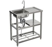 Warmiehomy Kitchen Sink Unit 3 Tier Free Standing Sink with Storage Shelf Stainless Steel Single Bowl Commercial Sinks Outdoor Camping Washbasin with Drainer Kit, 75x40x80cm
