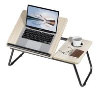 Warmiehomy Laptop Table - Foldable Bed Table with Five Adjustable Angles, Cup Holder and Legs for Bed Sofa Breakfast Work Study Reading, Beige
