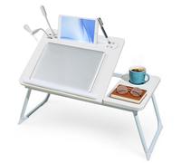 Warmiehomy Laptop Table with USB Ports, Adjustable Angles Laptop Desk with Cup Holder&Tablet Slot&Pen Slots, Laptop Tray with Legs on Bed or Sofa for Working/Reading, White