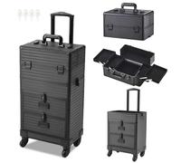 Warmiehomy Makeup Case 4-in-1 Tall Vanity Case Makeup Trolley Professional Beauty Trolley on Wheels Large Makeup Organizer Suitcase Cosmetic Storage Box 2 Drawers for Women 36x23x62cm（Black）