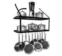 Warmiehomy Metal Pot Pan Rack, Wall Mounted Kitchen Shelf with Hooks, Hanging Utensils Holder, Black Shelving Organizer for Kitchen Bathroom Balcony Storage (74.9x34.8x58.9cm)