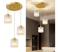 Warmiehomy Modern Crystal Chandelier 3 Lights, Hanging Lights Adjustable Height, E27 Pendant Ceiling Light for Kitchen Island, Living Room, Bedroom, Hallway,Round,D30*H120cm(Gold)