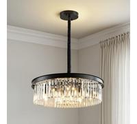 Warmiehomy Modern Crystal Chandelier 5 Lights,Flush Mount Ceiling Lights Fixture with E14 Base,55cm Round Crystal Pendant Light for Living Room Dining Room Bedroom,Black