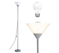 Warmiehomy Modern Metallic Silver Floor Lamp, Reading Floor Lamp with Bulb & Button Control, Uplighter Single Light Tall Standing Lamp with a White Lampshade for Living Room, Bedroom, Office