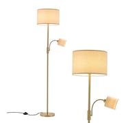 Warmiehomy Modern Mother and Child Floor Lamp Lamp, Linen lampshade with Adjustable Reading Lamp, 2 Head Floor Lights with Foot Switch, Uplighter Tall Standing Lamp for Living Room, Brass Finished