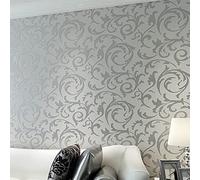 Warmiehomy Non-Woven Wallpaper Vintage Flower Pattern Damask Embossed Wallpaper Glitter 4 Pack 53cm x 10m Silver Grey for Living Room Bedroom