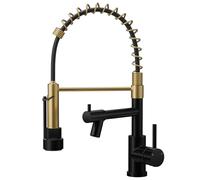 Warmiehomy Professional Kitchen Tap,360° Swivel Dual Spouts Kitchen Sink Taps with Pull Out Sprayer,High Arc Spring Mixer Tap for Sink,Black&Gold