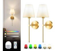 Warmiehomy Rechargeable Wall Lights Set of 2, Battery Operated Wireless Wall Sconces with Remote & Dimmable Bulb, 16 RGB Colors & 3 Color Temperature, Indoor Wall Lamp for Living Room Bedroom, Gold
