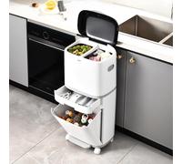 Warmiehomy Recycling Bins for Kitchen 42L Triple Bin with Pedal Vertical Waste Separation Kitchen Bin with Dual Inner Basket 4 Compartments Trash Can with Wheels