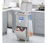 Warmiehomy Recycling Bins for Kitchen Double Compartment Trash Bin 45L Waste Bins with Double Lids Dry and Wet Separation Rubbish Bin with Wheels Vertical Waste Separation System
