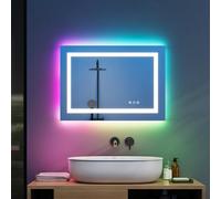 Warmiehomy RGB Bathroom Mirror with LED Lights,Rectangular 500x700mm LED Illuminated Bathroom Mirror 3 Colour Dimmable Lights Demister Pad Touch Switch,Aluminium Frame