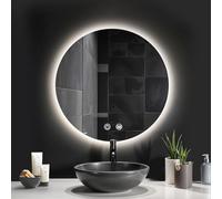 Warmiehomy Round Bathroom Mirror with LED Lights, 400mm Illuminated LED Bathroom Mirror, Wall Mounted, 3 Colour Lighting, Anti-fog, Waterproof IP44, Touch Control