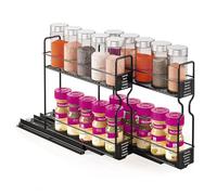 Warmiehomy Spice Rack 2 Tier Pull Out Spice Rack for Inside Cupboard, Black Kitchen Spice Rack Organiser Vertical Slide Out Cabinet Caddy Organiser Rack Metal Seasoning Rack Free Standing