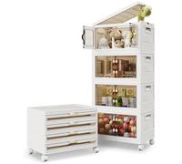 Warmiehomy Storage Box with Lid 40L*4 Tier Plastic Stackable Storage Drawers with Wheels, Foldable Collapsible Lidded Bins Containers, Compact Stacking Crates for Office Home Bedroom Organisation