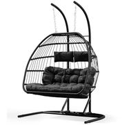 Warmiehomy Swing Egg Chair 2 Seater Hanging Chair with Cushion PE Wicker Rattan Double Hammock Chair with Stand Indoor Outdoor Foldable Egg Chairs for Garden, Patio, Backyard