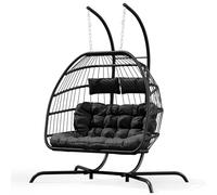 Warmiehomy Swing Egg Chair with Stand 2 Seater Hanging Chair with Cushion PE Wicker Rattan Double Hammock Chairs with Stand Indoor Outdoor Foldable Egg Chairs for Garden, Patio, Balcony, Backyard