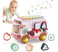 Warmiehomy Toys for 1 Year Old Girl, Music Sensory Bus Toys with Xylophone Shapes Sorter Pull Along Toy Baby Early Educational Toy,Christmas Birthday Gifts for 1 2 Year Old Girls Boys Kids Pink