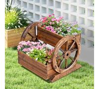 Warmiehomy Wagon Planter Box, Outdoor Garden Planter with Decorative Wheels for Flowers Herbs Vegetables, Wooden Rectangle Flower Cart for Patio Garden Balcony