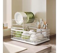 Warmiehomy White 2 Tier Dish Drying Rack with Removable Drip Tray, Draining Board Rack Sink Drainer Rack with Cutlery Holder for Kitchen Counter