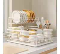 Warmiehomy White Dish Drainer Rack 2 Tier Metal Draining Board Rack Dish Rack with Removable Drip Tray, Sink Drainer Rack for Kitchen with Removable Cutlery Holder, White