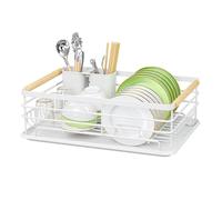 Warmiehomy White Dish Drainer Rack Metal Draining Board Rack Dish Rack with Removable Drip Tray, Sink Drainer Rack for Kitchen with Removable Cutlery Holder Wooden Handles, White