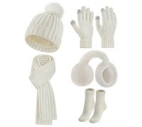Warmiehomy Women Hat Scarf and Gloves Set Ladies 5Pcs,Winter Warm Knitted Beanie Cap Long Scarf Touchscreen Gloves Plush Ear Thermal Socks 5 in 1 Set Women Gift for Outdoor Sports,White