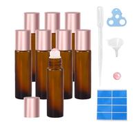 Warmify 8 Pieces Rose Quartz Roller Bottles for Essential Oils, Refillable Amber Glass Bottles with Natural Crystal Roller Balls, Leakproof Travel Perfume Bottle with Rose Gold Caps