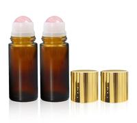 Warmify2 Pack Rose Quartz Roller Bottles for Essential Oils, 50ml Refillable Amber Glass Roll On Bottles with Natural Crystal Roller Balls, Leak-Proof Travel Perfume Bottle with Gold Caps