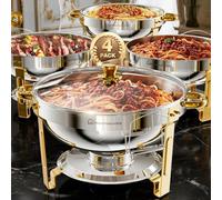 WARMOUNTS 4 Pack Chafing Dish Buffet Gold & Silver with Glass Lid 5L Set, Round Food Warmer for Catering Buffet with Lid Holder, Mirror-Polished Rolled-Rim Food-Grade Stainless Steel Chafer for Party