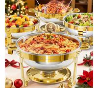 WARMOUNTS 4 Pack Chafing Dish Buffet Gold with Glass Lid 5L Set, Round Food Warmer for Catering Buffet with Lid Holder, Stackable Mirror-Polished Rolled-Rim Food-Grade Stainless Steel Chafer for Party