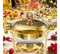 WARMOUNTS 4 Pack Chafing Dish Buffet Gold with Lid 5L Set, Round Food Warmer for Catering Buffet with Lid Holder, Stackable, Mirror-Polished Rolled-Rim Food-Grade Stainless Steel Chafer for Party