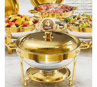 WARMOUNTS 4 Pack Chafing Dish Buffet Gold with Lid 5L Set, Round Food Warmer for Catering Buffet with Lid Holder, Stackable, Mirror-Polished Rolled-Rim Food-Grade Stainless Steel Chafer for Party
