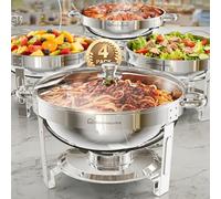 WARMOUNTS 4 Pack Round Chafing Dish Buffet Set with Glass Lid 5L Stainless Steel Food Warmer with Lid Holder for Catering Parties Weddings and Events
