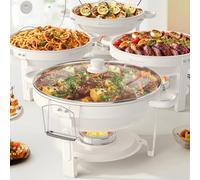 WARMOUNTS 4 Pack White Chafing Dish Buffet with Glass Lid 5L, Maifanite-Coated Round Food Warmers Set w/Mirror-Polished Stainless Steel, Rolled Rim Stackable Chafers with Lid Holder for Party, Wedding
