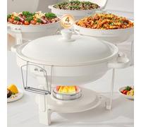 WARMOUNTS 4 Pack White Chafing Dishes Buffet with Lid 5L, Maifanite-Coated Round Buffet Warmers Set w/Mirror-Polished Stainless Steel, Rolled Rim Stackable Chafers with Lid Holder for Party, Wedding